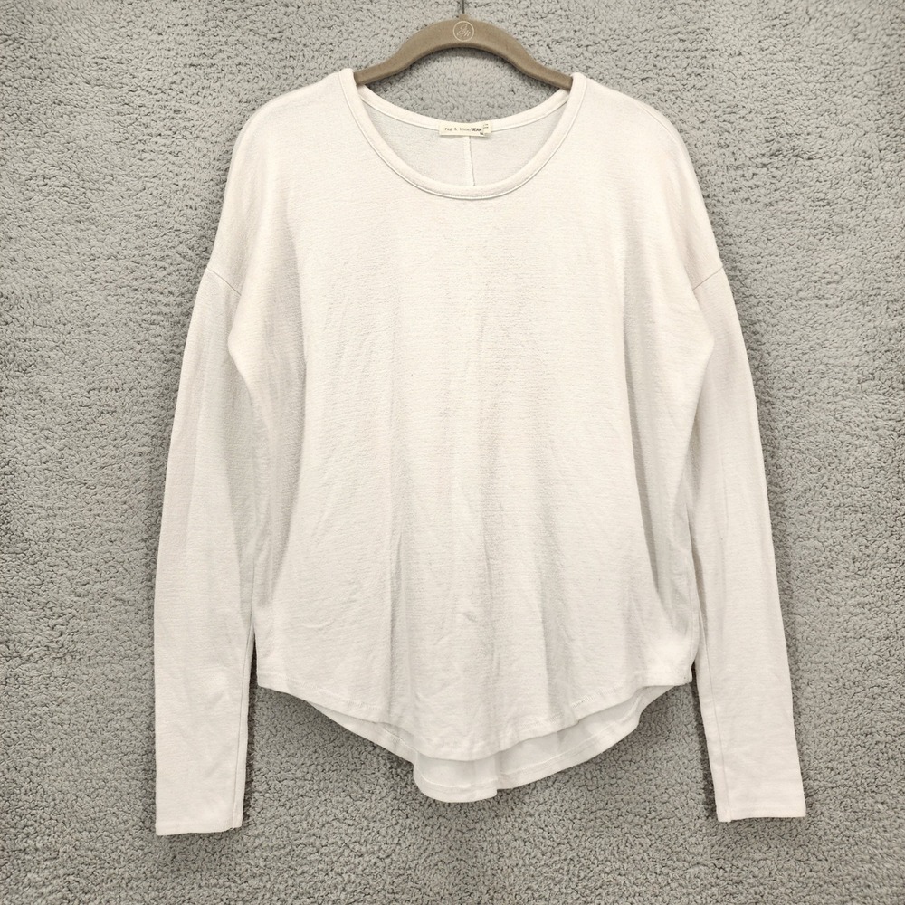 Rag & Bone JEAN Womens XS White Long Sleeve Knit Top Curved‎ Hem Drop Shoulder
